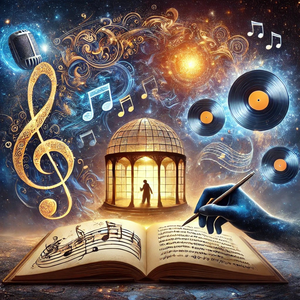 Ilustración digital surrealista con un libro abierto luminoso, notas musicales, micrófono flotante y símbolos filosóficos sobre un fondo cósmico en tonos azul y dorado.