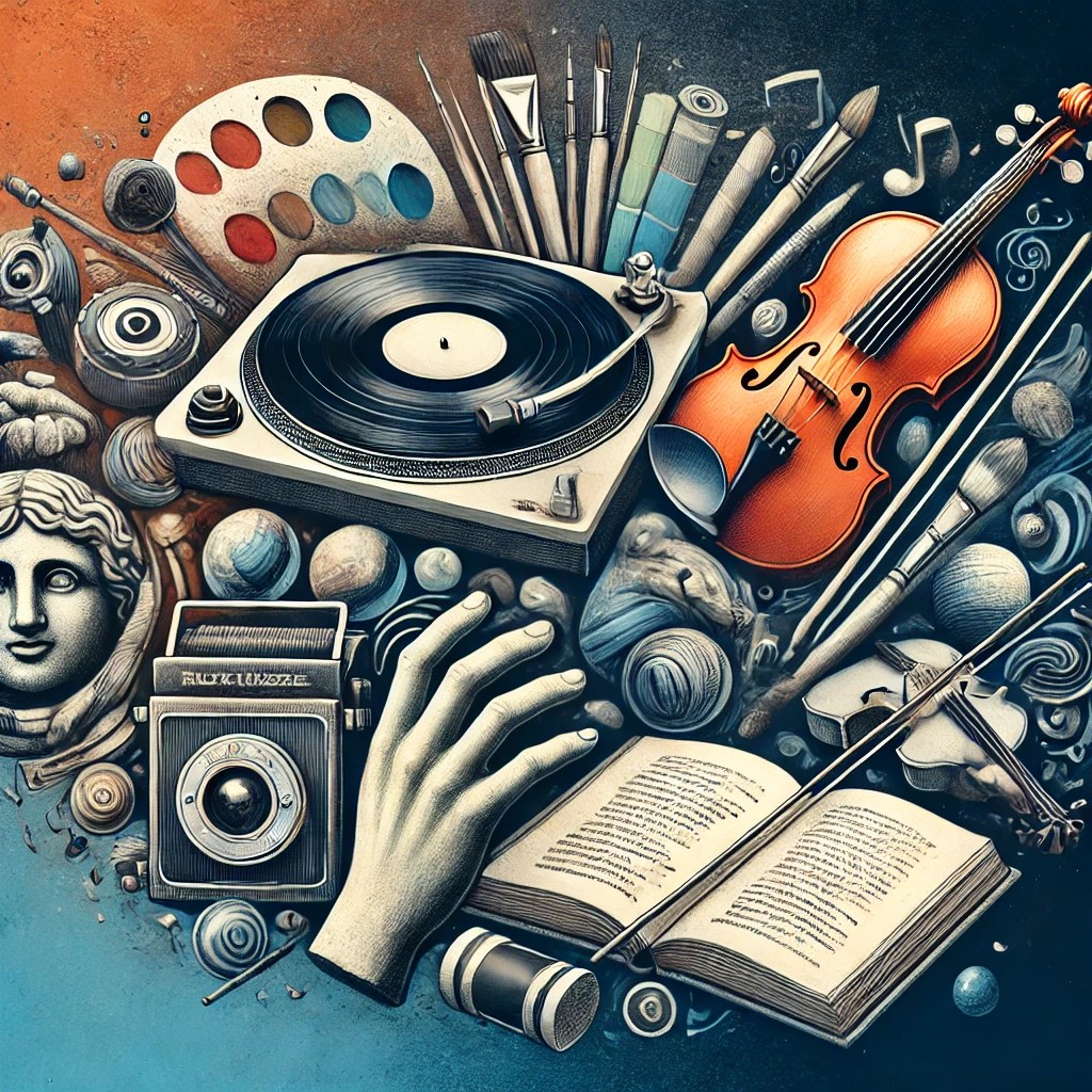 Collage digital con diferentes formas de arte como música, pintura, poesía y fotografía